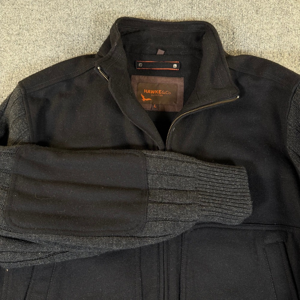 Hawke & Co Outfitter Mens Wool Blend Knit Sleeve Bomber Jacket Black Gray L